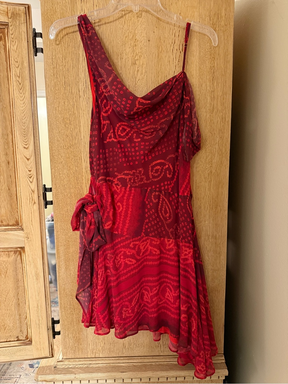 Free People Red Patterned Asymmetric Slip Dress with Side Tie